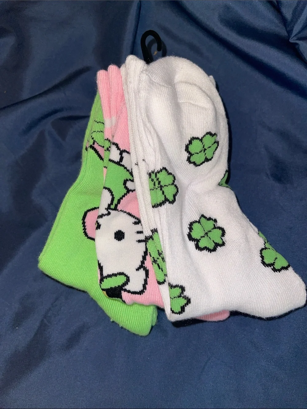 Hello Kitty Crew Socks — Green, Pink & White Puffy Hello Kitty (3-Pack)